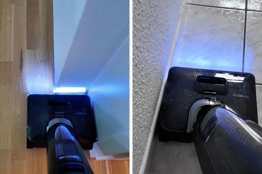 Der Tineco Floor One S7 Stretch Steam Plus wischt in einem 90° Winkel fast bis zur Wand.